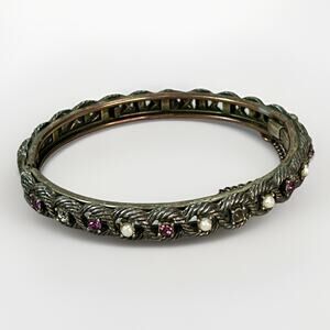 VTG Victorian Revival Hinged Bangle Amethyst Seed Pearls Safety Chain